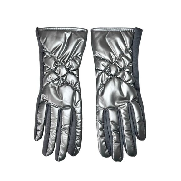 NEW Winter Puffer Gloves Sz.M 7 Gray Metallic Nylon Fleece Touchscreen Friendly - Picture 3 of 10